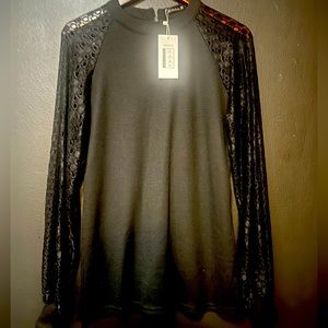 Black Waffle Shirt w/ Lace Sleeves- Unique and Cool!